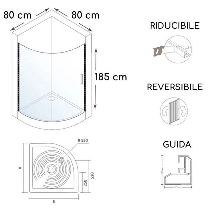Box doccia semicircolare 80x80 cm a due lati Roma PVC -3