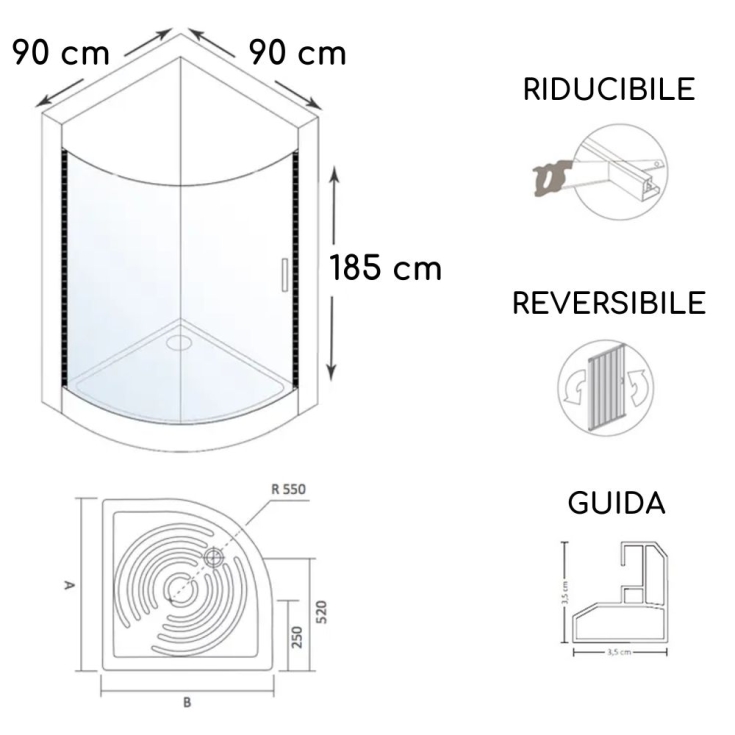 Box doccia semicircolare 90x90 cm a due lati Roma PVC -2