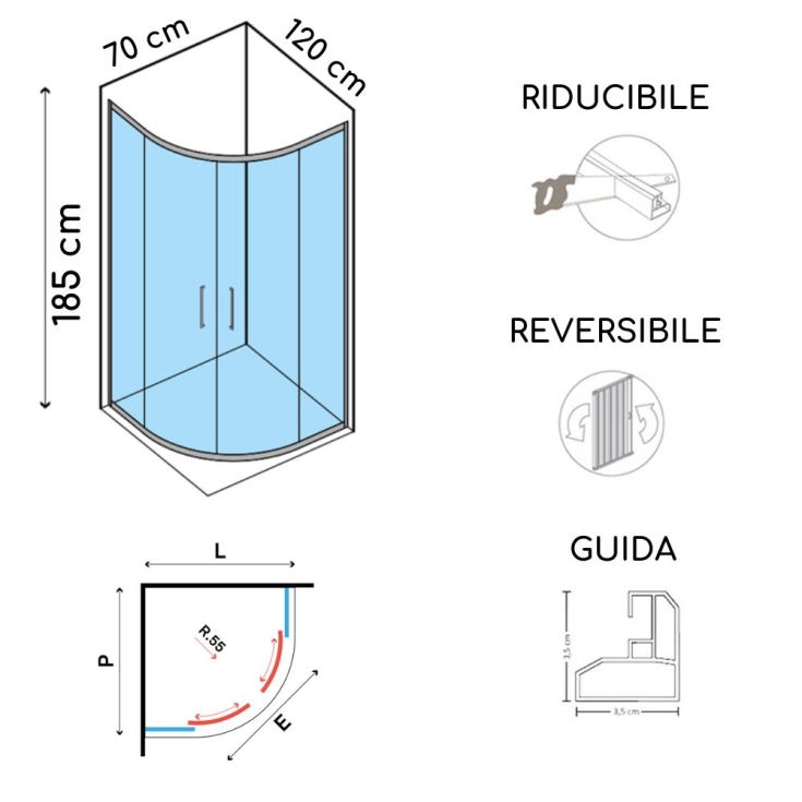 Box doccia semicircolare 70x120 cm asimmetrico Mosca PVC -2
