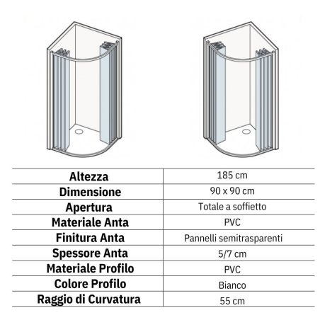Box doccia semicircolare 90x90 cm a due lati Atene PVC -2