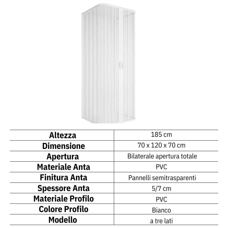 Box doccia tre lati 70x120x70cm apertura centrale Praga PVC -2