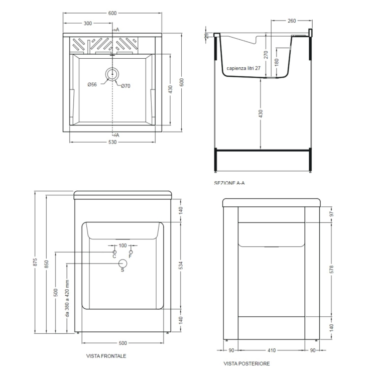 Mobile lavatoio 60x60x87h cm con vasca Lavacril Colavene grigio -3