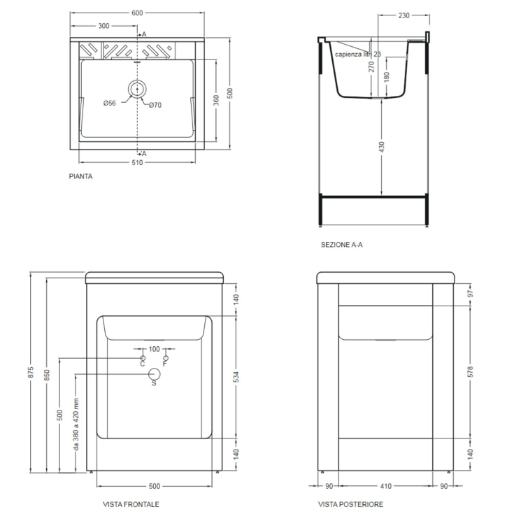 Mobile lavatoio 60x50x87h cm con vasca Lavacril Colavene grigio -2