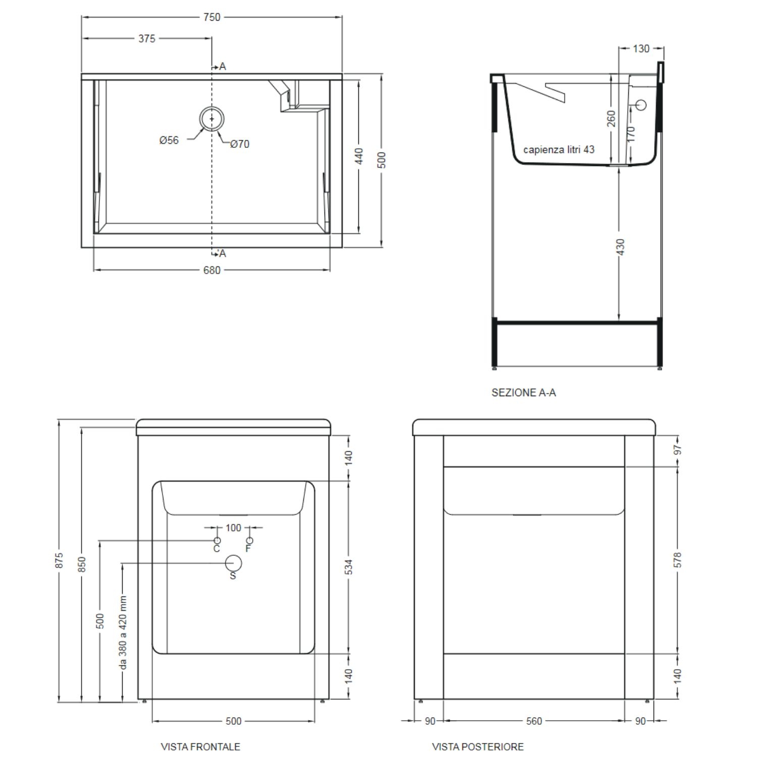 Lavatoio da esterno 60x50x87h cm con serranda vasca e asse lavapanni