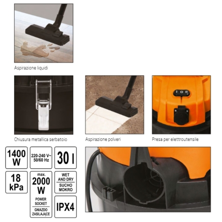 Aspira solidi e liquidi 30Lt 1400W IDRO 350 Comer -2