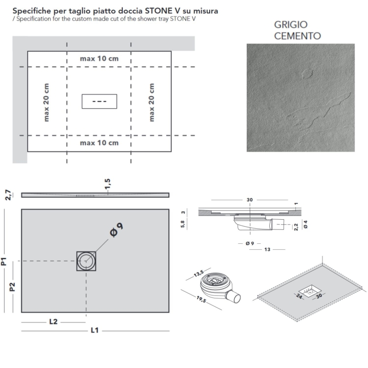 Piatto doccia effetto pietra 120x80 cm Agha Grigio cemento Stone V -2