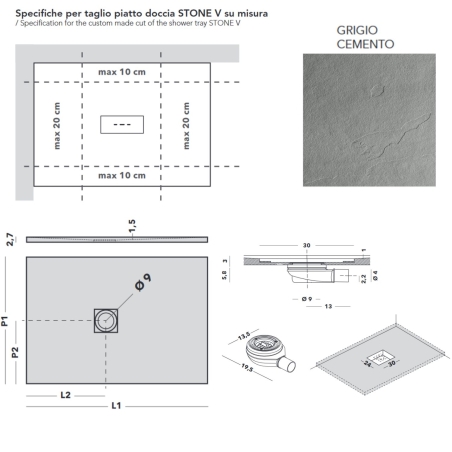 Piatto doccia 100x80 cm effetto pietra Agha Grigio cemento Stone V -2