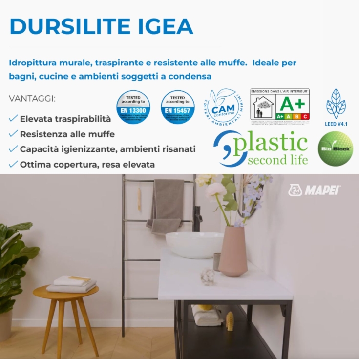 Pittura traspirante per bagni e cucine colorata Dursilite Igea Mapei -4