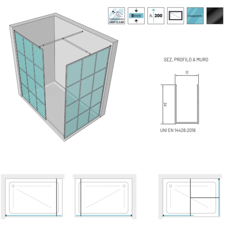 Walk In nero cristallo temprato 8 mm Andromeda Aquana -8