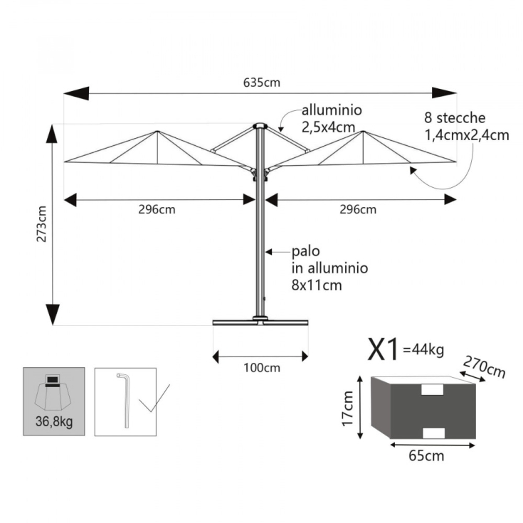 Ombrellone Doppio 3 X 3 Archimede Antracite Telo Taupe
