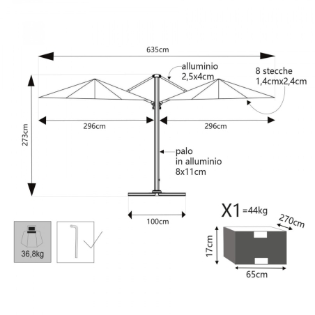 Ombrellone Doppio 3 X 3 Archimede Antracite Telo Taupe
