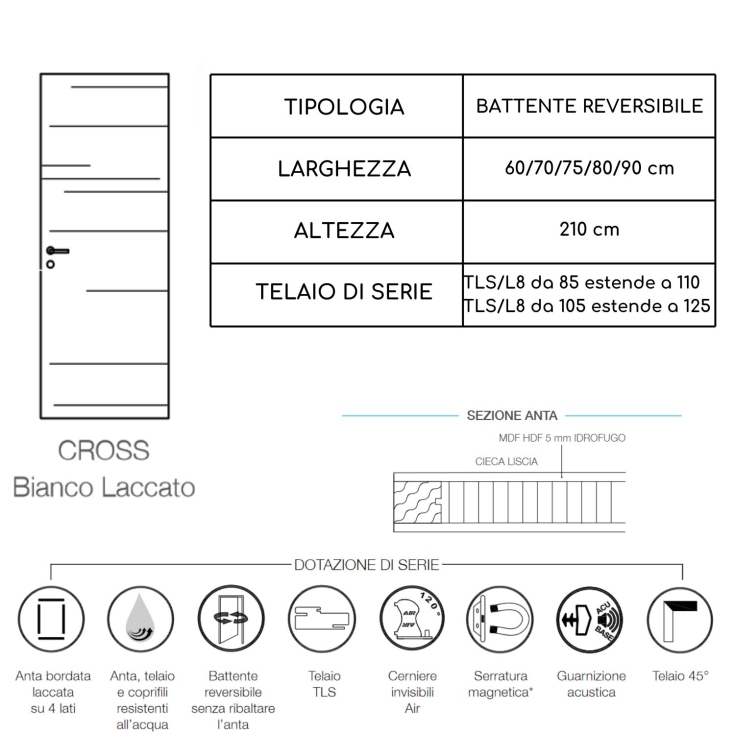 Porta battente reversibile bianca laccata Cross -3