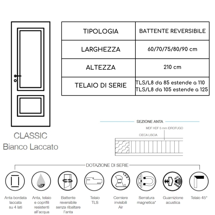 Porta battente reversibile bianca laccata CLASSIC -7
