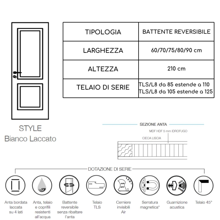 Porta battente reversibile bianca laccata STYLE -3
