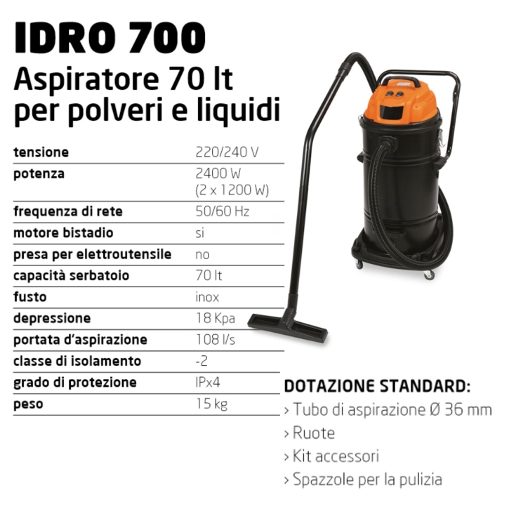 aspiratore per liquidi e polveri Aspiratore 70 lt per polveri e liquidi IDRO 700 COMER