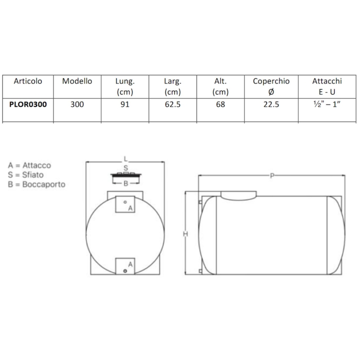 Serbatoio acqua orizzontale 300 litri PE atossico da esterno -7