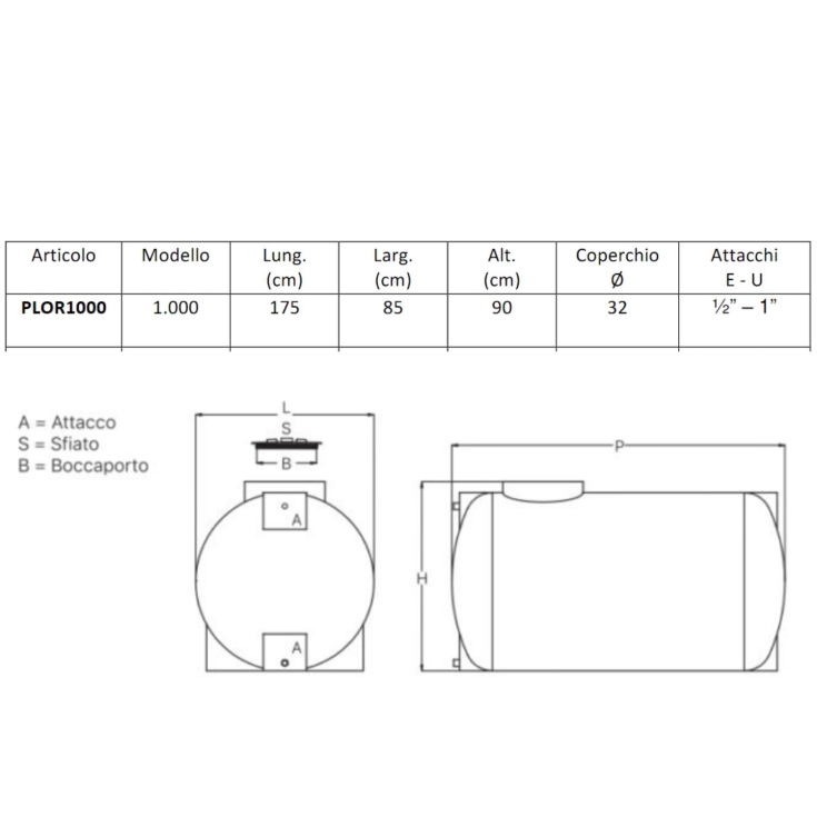Serbatoio acqua orizzontale 1000 litri PE atossico da esterno -7