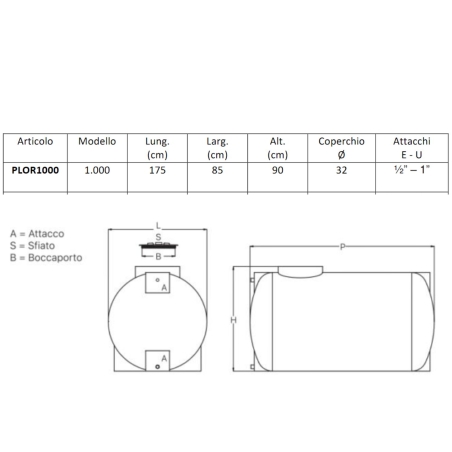 Serbatoio acqua orizzontale 1000 litri PE atossico da esterno -7