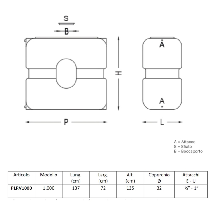 Serbatoio 1000 litri verticale parallelepipedo esterno PE -4