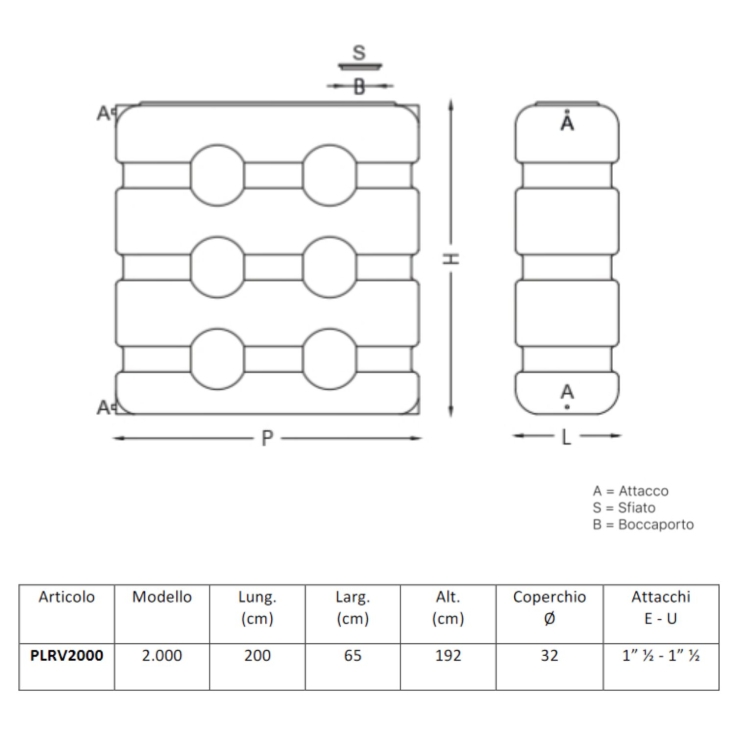 Serbatoio 2000 litri verticale parallelepipedo esterno PE -4