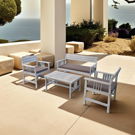 Salotto da giardino in legno di Acacia con tavolino e cuscini Bali - Bianco