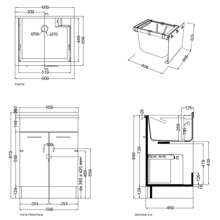 Lavatoio Colavene 60x50cm Jollywash con cesto portabiancheria rovere primitivo -3