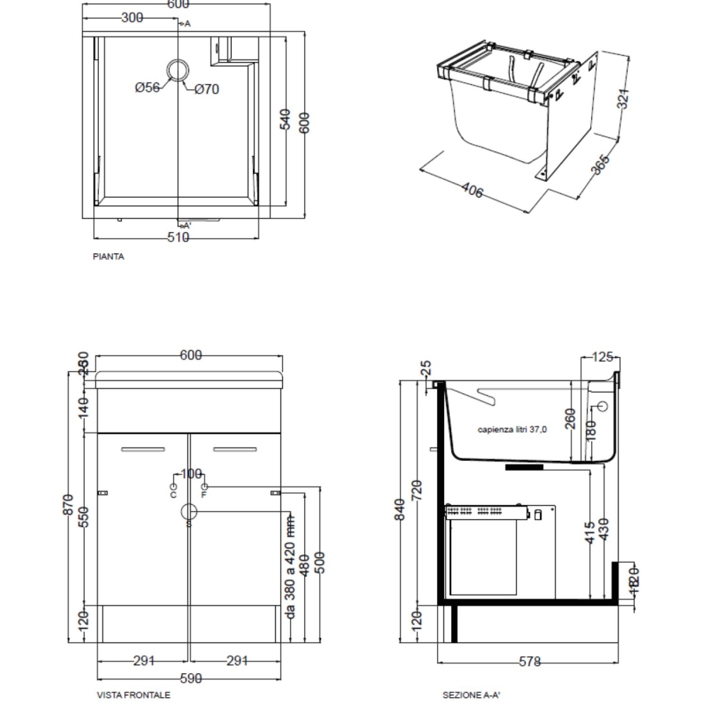 Lavatoio Colavene 60x60cm Jollywash con cesto portabiancheria corda -3