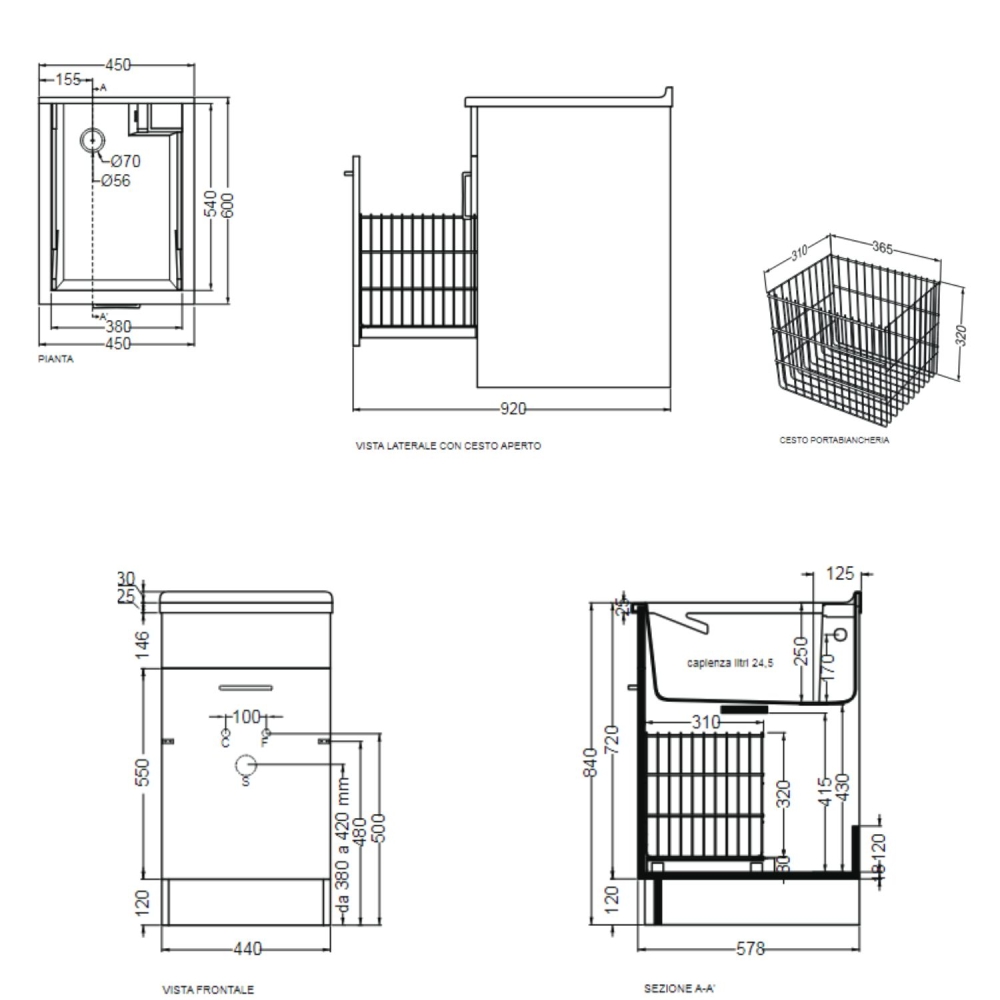Lavatoio Colavene 45x60cm Jollywash con cesto portabiancheria rovere primitivo -4