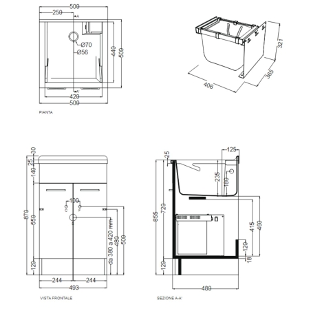 Lavatoio Colavene 50x50cm Jollywash con cesto portabiancheria verde -2