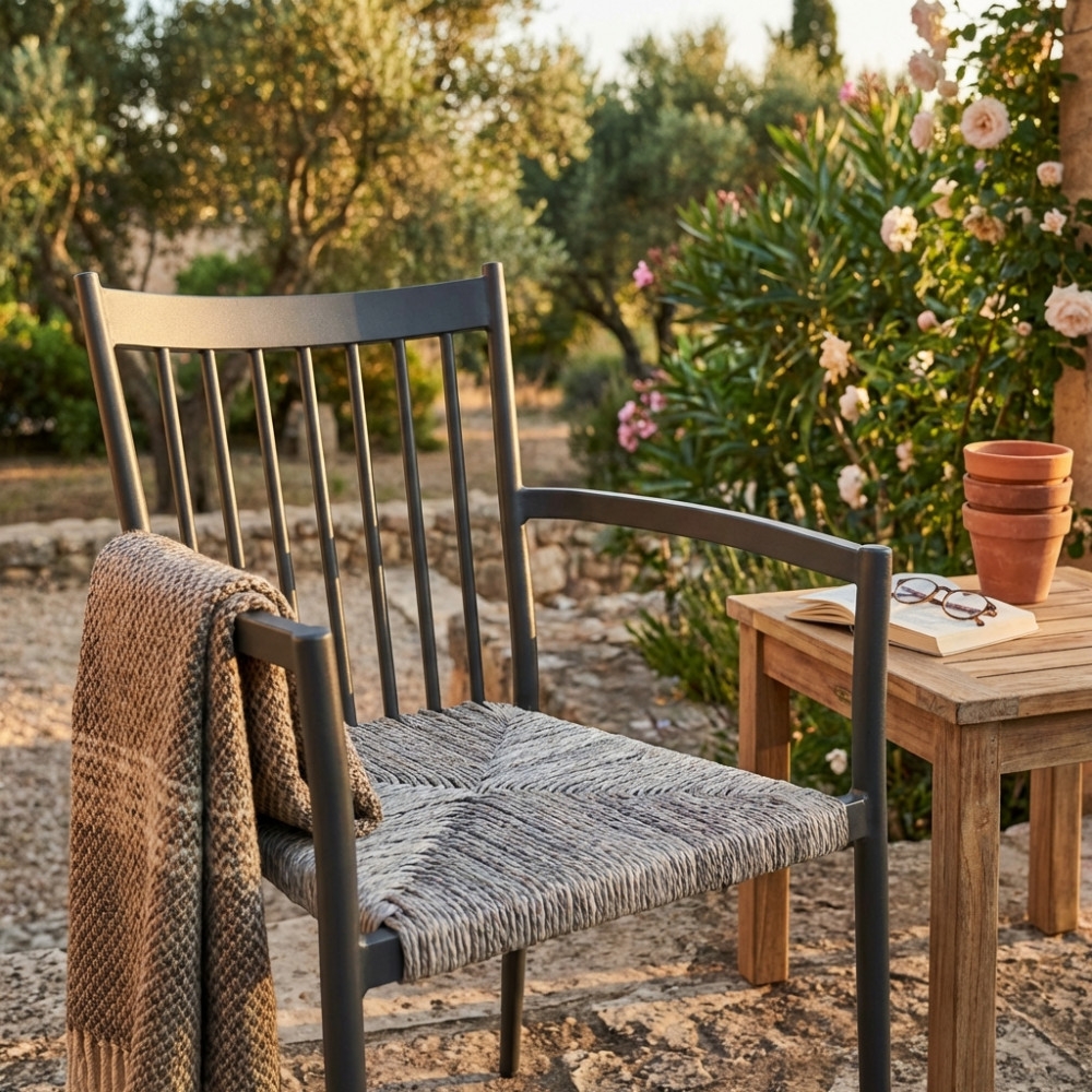 Poltroncina da esterno in alluminio verniciato ANTRACITE seduta in POLYRATTAN grigio mélange  Martinica ImpilabileEDENYA