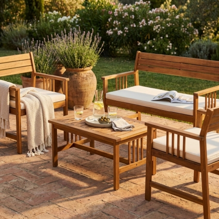 Salotto da giardino in legno di Acacia con tavolino e cuscini Bali - Marrone