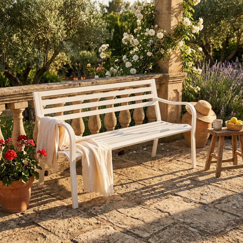 Panchina da giardino bianca in metallo 128x56x85h  per 2 persone - CHLOEEDENYA