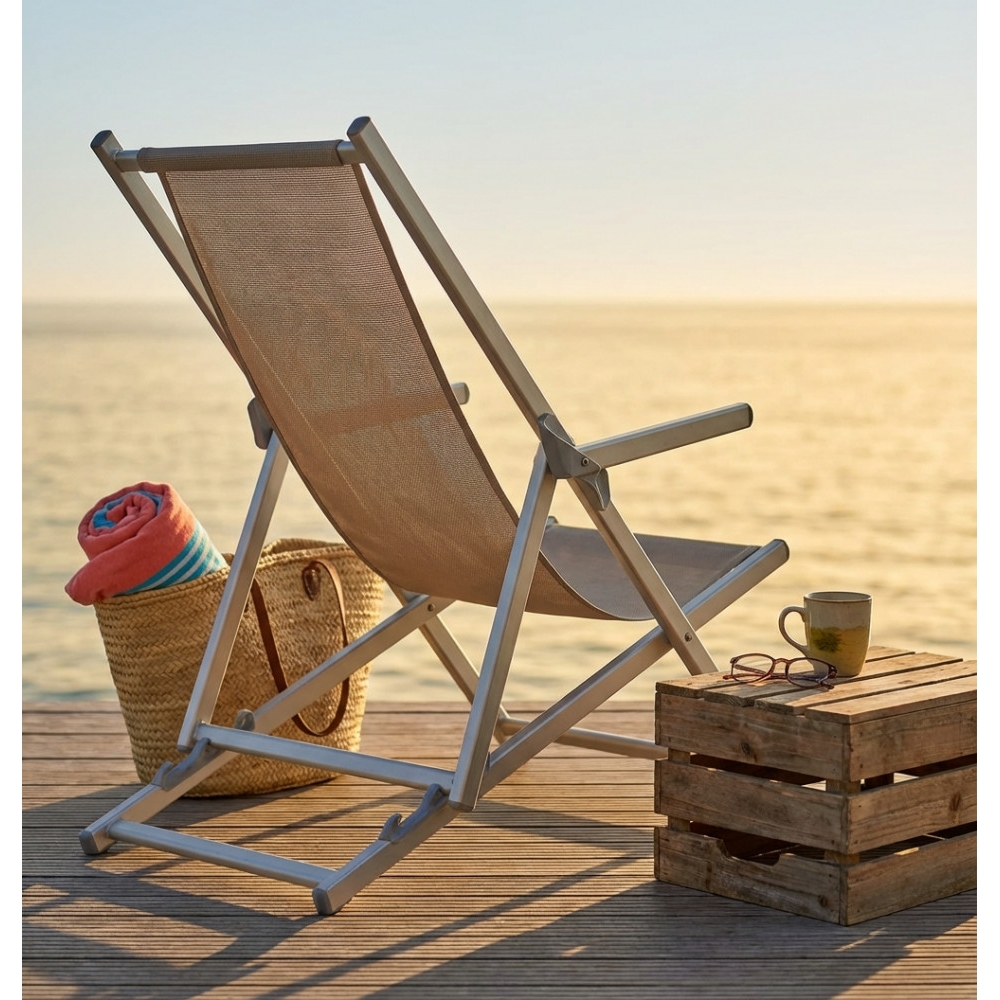 Sdraio Mare Textilene C/Braccioli Pieghevole Tortora 98x67.5x106cmEDENYA