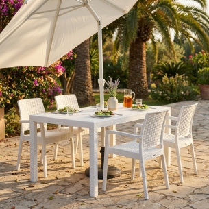 Tavolo da pranzo 150x90 con foro centrale per ombrellone - Bianco HoustonEDENYA