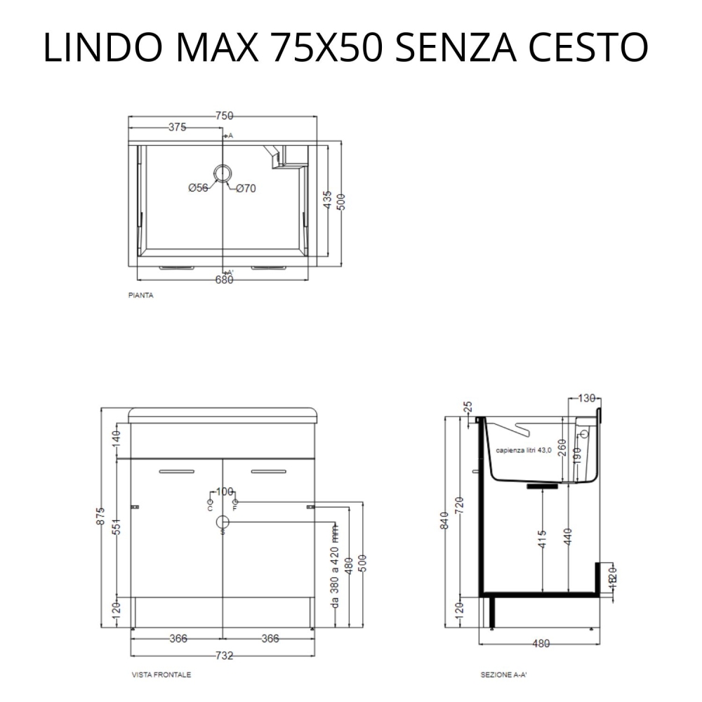 Lavatoio rovere 75x50x86h cm Lindo MAX Colavene SENZA CESTO PORTABIANCHERIA -2