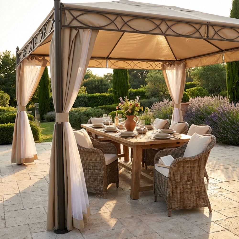 Gazebo 3x4 m in ferro con telo sabbia idrorepellente teli laterali e zanzariere - KARNAK -2