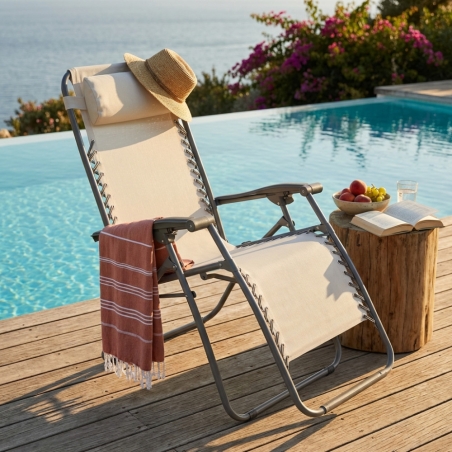 Sedia a sdraio reclinabile Beige, in acciaio ideale per esterno e giardino 88x65x110cmEDENYA
