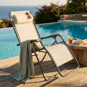 Sedia a sdraio reclinabile Beige, in acciaio ideale per esterno e giardino 88x65x110cmEDENYA