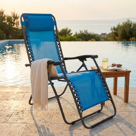 Sedia a sdraio reclinabile Blu, in acciaio ideale per esterno e giardino 88x65x110cmEDENYA