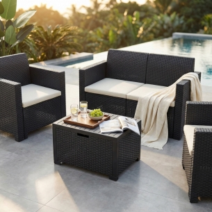 Salotto da esterno in wicker: divano, poltrone, tavolino, cuscini - Nero -1
