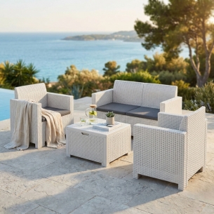 Salotto da esterno in wicker: divano, poltrone, tavolino, cuscini - Bianco -1