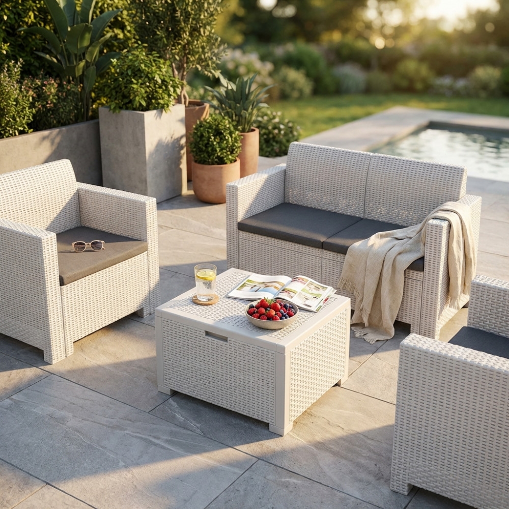 Salotto da esterno in wicker: divano, poltrone, tavolino, cuscini - Bianco -2