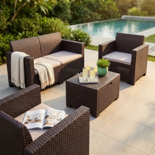 Salotto da esterno in wicker: divano, poltrone, tavolino, cuscini - Marrone -1