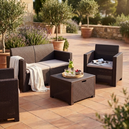 Salotto da esterno in wicker: divano, poltrone, tavolino, cuscini - Marrone -2