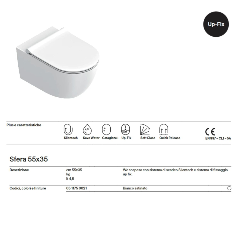 Wc sospeso 55x35 Sfera 55 Catalano bianco opaco UP-FIX -2
