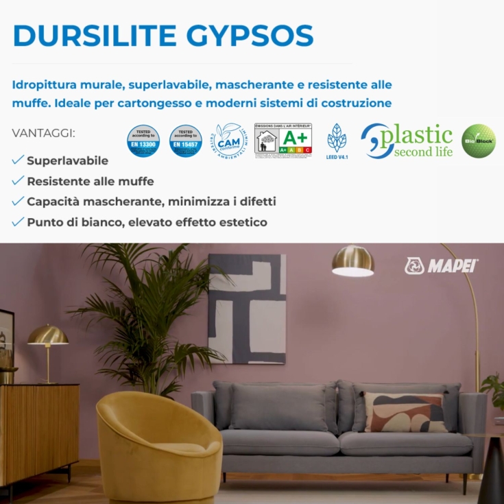 Idropittura superlavabile e resistente alle muffe per cartongesso Dursilite Gypsos Mapei -4