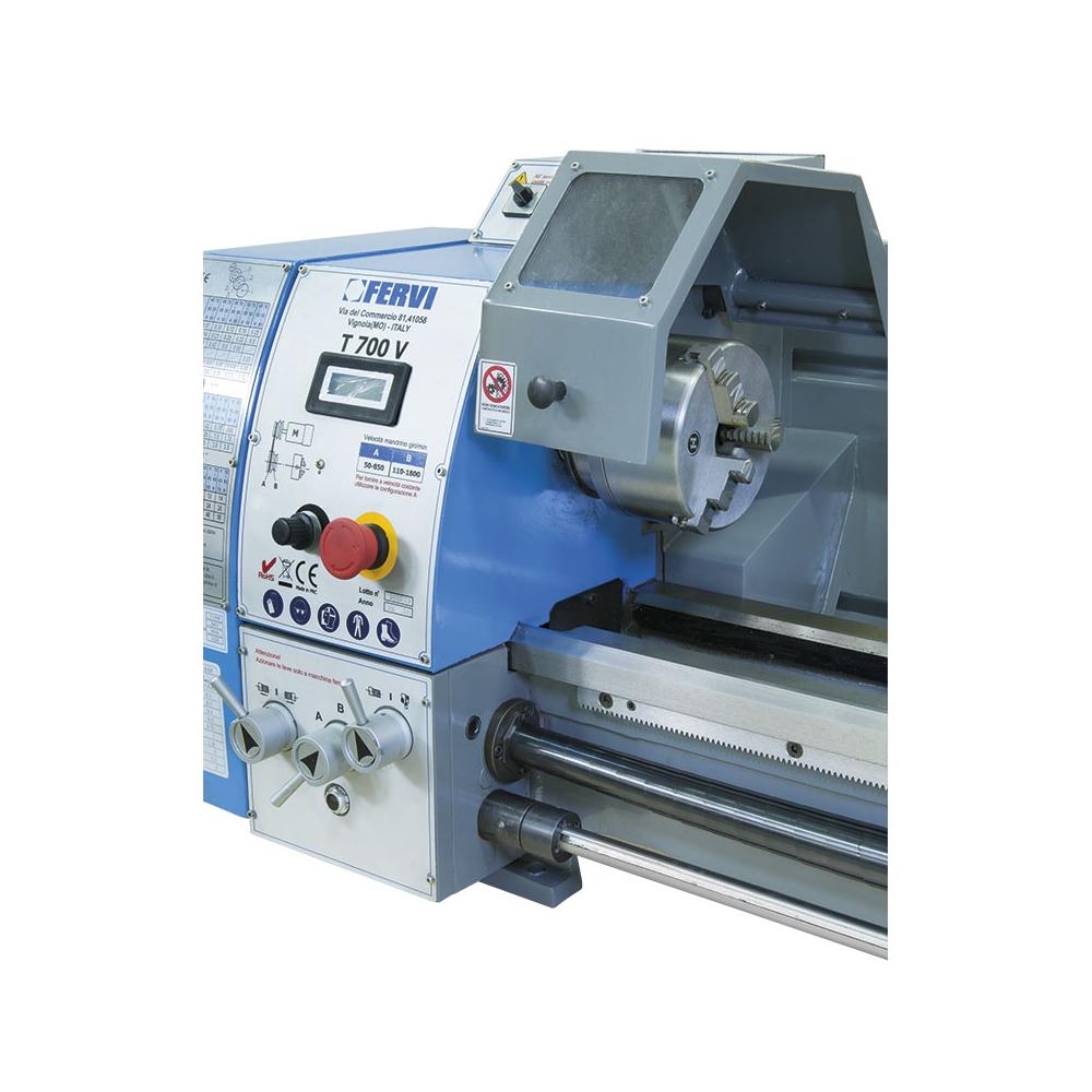 Tornio parallelo con inverter FERVI T700V con diametro banco 260 mm, diametro max sul carro 180 mm e distanza punte 700 mm -2
