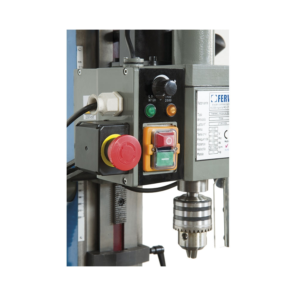 Trapano fresa da banco ad ingranaggi FERVI T058 con foratura Ø 13 mm e capacità di fresatura con fresa a inserti Ø 30 mm -2