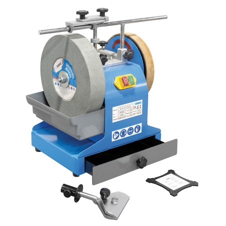 Affilatrice professionale ad acqua FERVI 0770 con motore 230 V 50 Hz 200 W, velocità 90 rpm e mola ad acqua Ø 250 x 50 x Ø 32 mm
