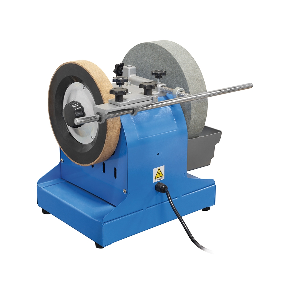Affilatrice professionale ad acqua FERVI 0770 con motore 230 V 50 Hz 200 W, velocità 90 rpm e mola ad acqua Ø 250 x 50 x Ø 32 mm
